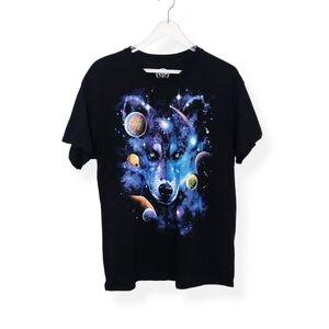 DOM Celestial Wolf Men's Short Sleeve Black T-Shirt Size Large Moon Planets Star